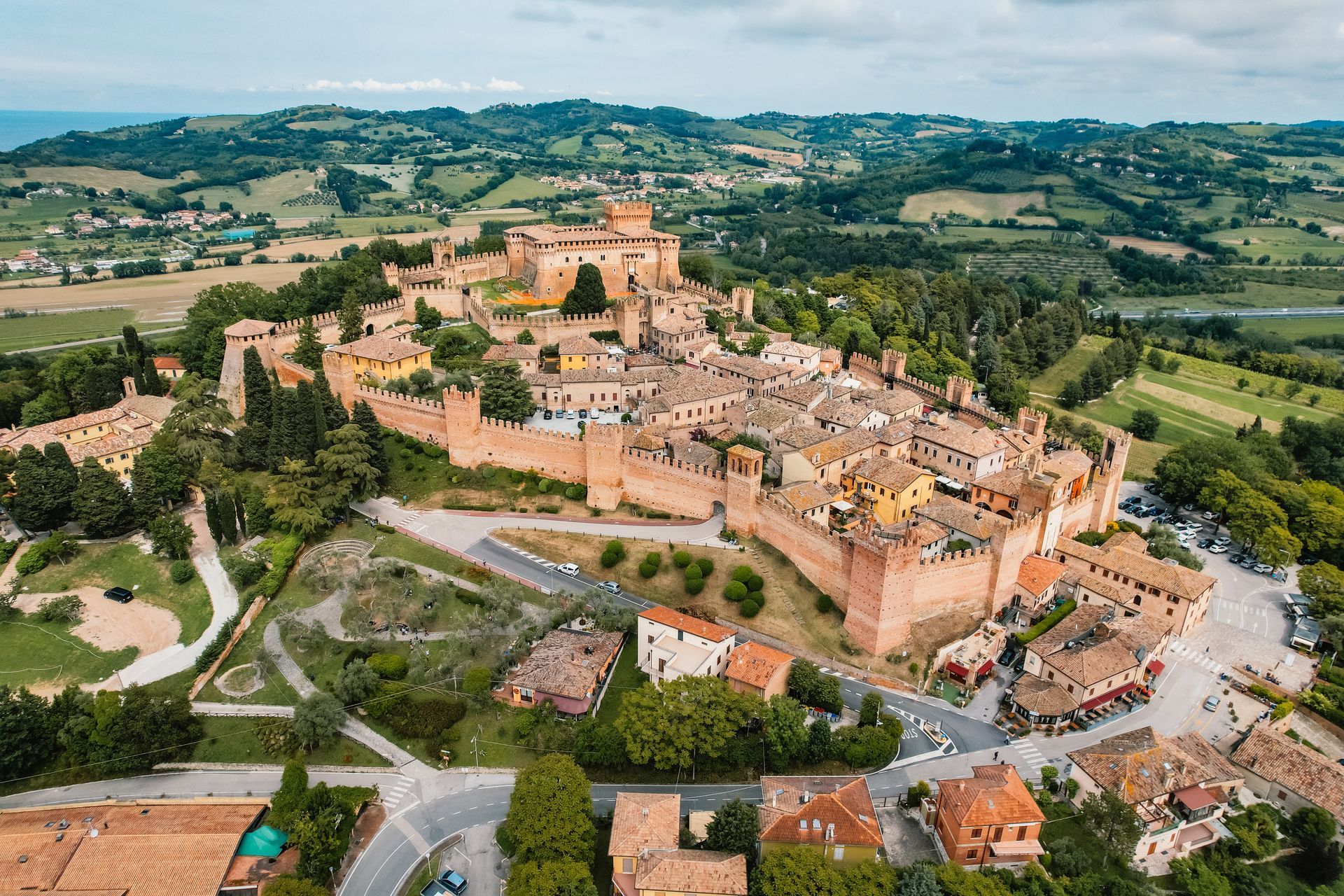 Aerial view of Medieval village of Gradara, Italy.  Little old  village italy scene in Pesaro province ,  Marche region