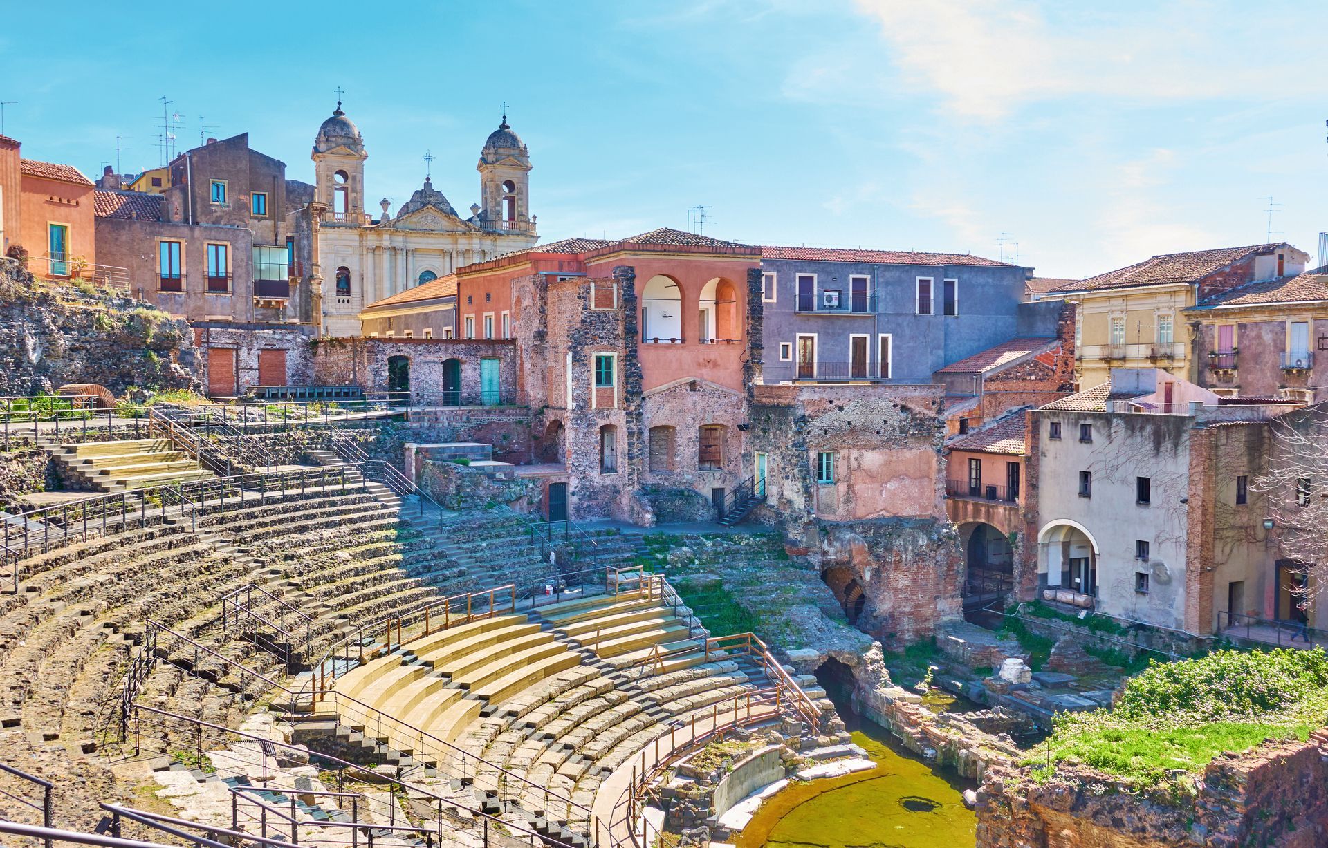 Cityscape of Catania with ancient Roman theater, Sicily, Italy