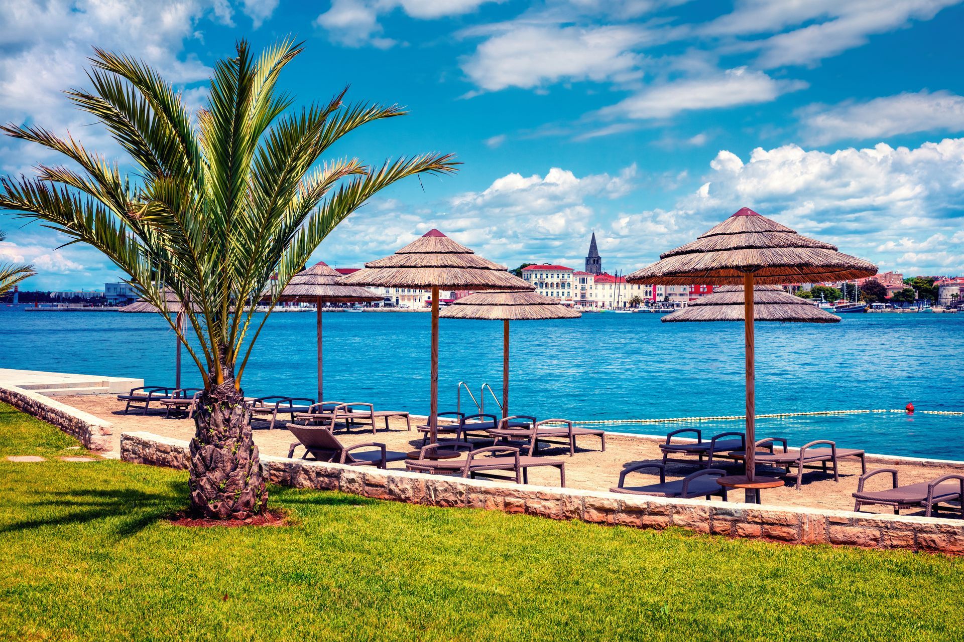 Picturesque spring view of popular summer resort Porec. Colorful spring seascape of Adriatic Sea. Great morning scene of Istrian Peninsula in western Croatia, Europe. Vacation concept background. 