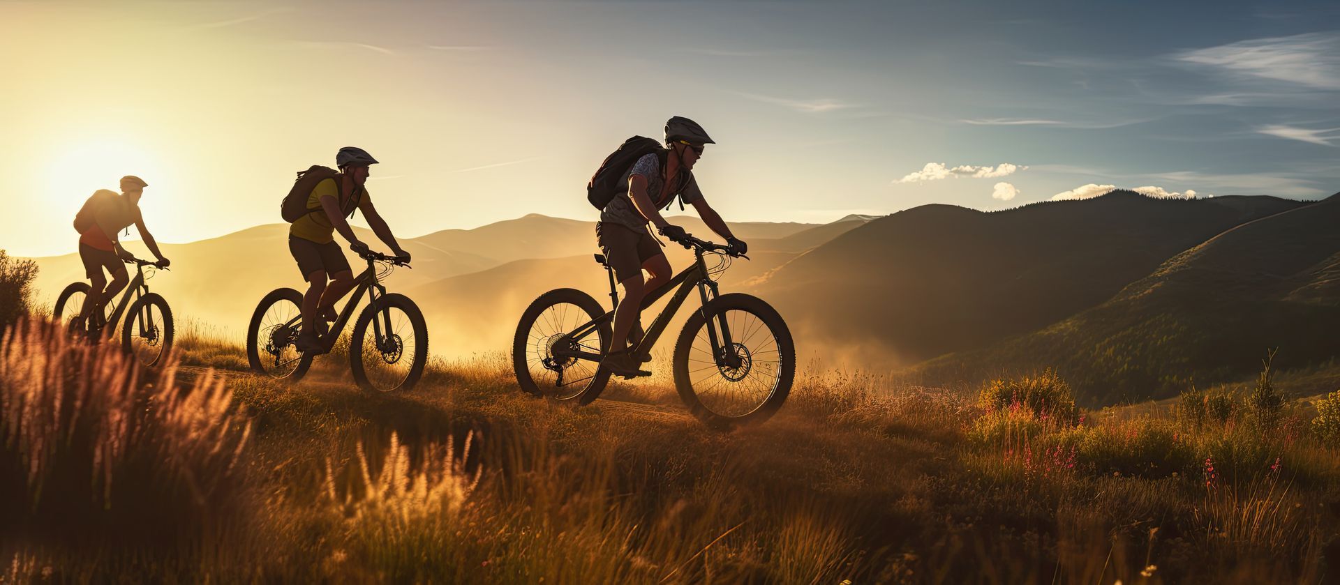 Three friends on electric bicycles enjoying a scenic ride through beautiful mountains