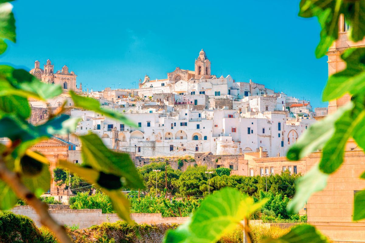 Panoramic view of Ostuni (white town), province of Brindisi, Apulia, southern Italy.