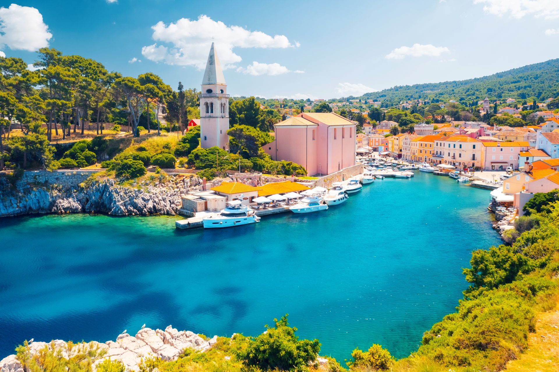A picturesque view of the blue lagoon in the town of Veli Losinj on sunny day. Croatia, Europe.