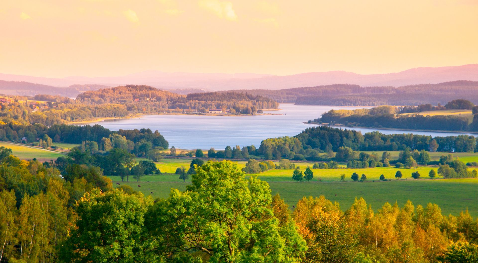 Autumn landscape at Lipno water reservoir, Sumava National Park, Southern Bohemia, Czech Republic.