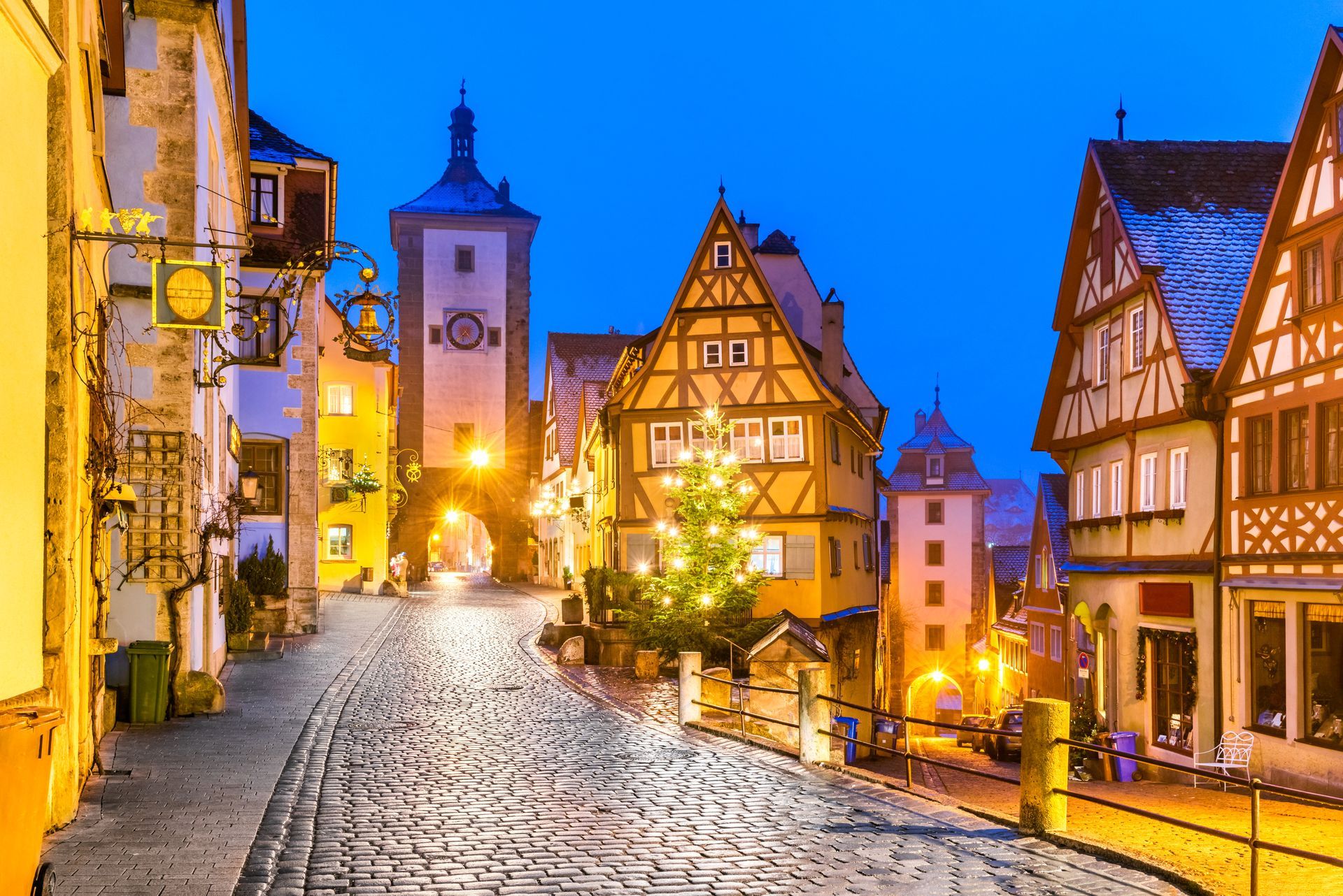 Medieval town of Rothenburg ob der Tauber at night, Romantic Road in Bavaria, Germany