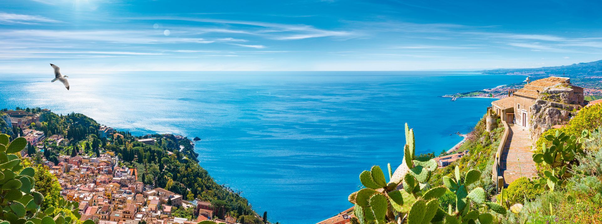 Welcome to Taormina concept. Panoramic collage with aerial view of Taormina and Church of Madonna della Rocca built on rock, Sicily, Italy.