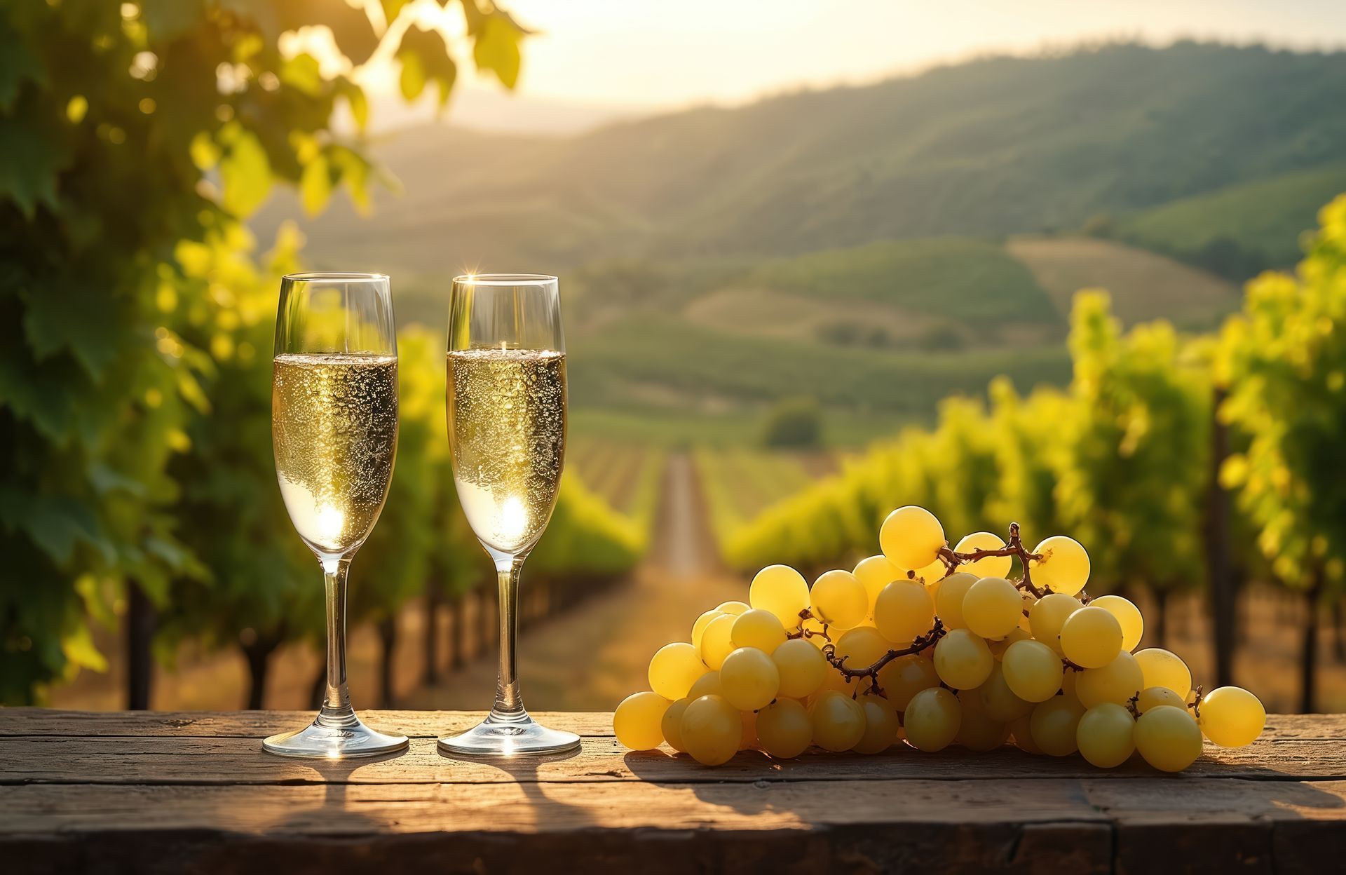 Scenic vineyard photo featuring two champagne glasses against backdrop of rolling hills. Image includes grapes on wooden table. Sunset light bathes landscape. Ideal for wine, tourism, travel,