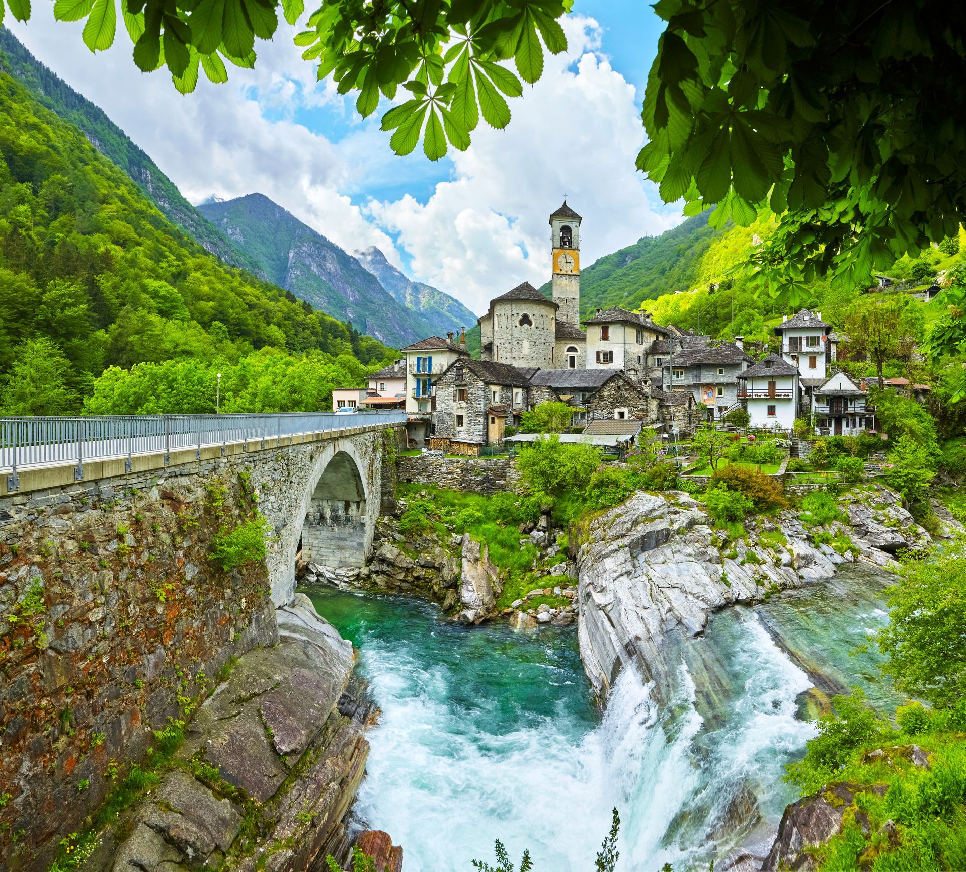 The village Lavertezzo with the river Riale Carecchio in Switzerland