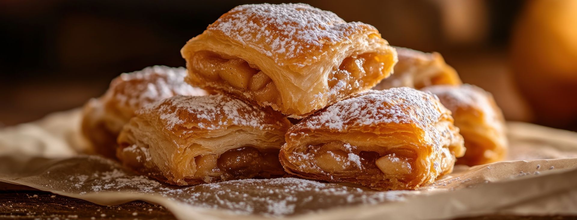 Realistic pile of mini apple strudel bites, flaky pastry dusted with powdered sugar, filling peeking out, warm tones photo.