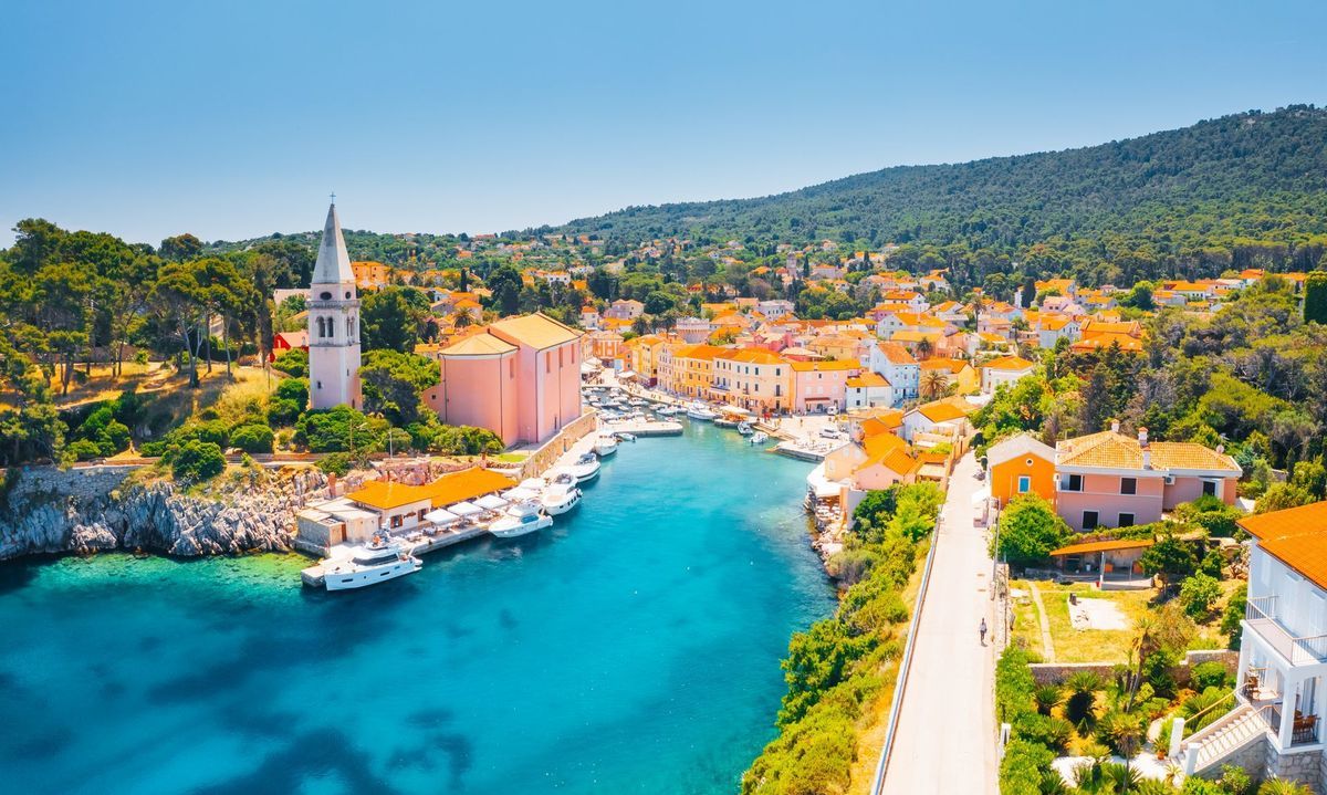 Scenic view of the blue lagoon village Veli Losinj on sunny day. Location place Kvarner Gulf, island Losinj, Croatia, Europe.