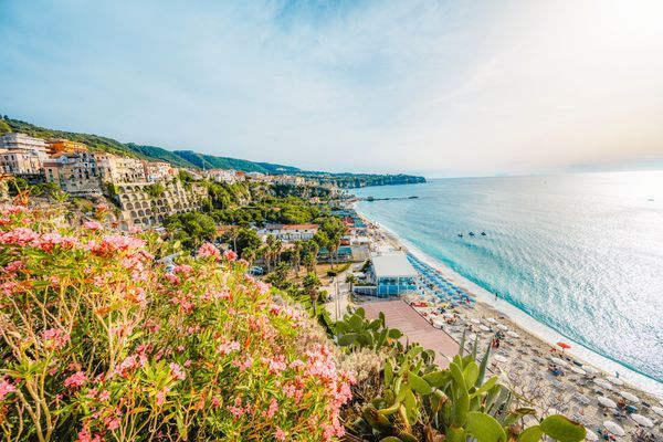 Tropea, Calabria, Italy. Church of Santa Maria dell'Isola. Monastery and coastline with azure crystal-clear water