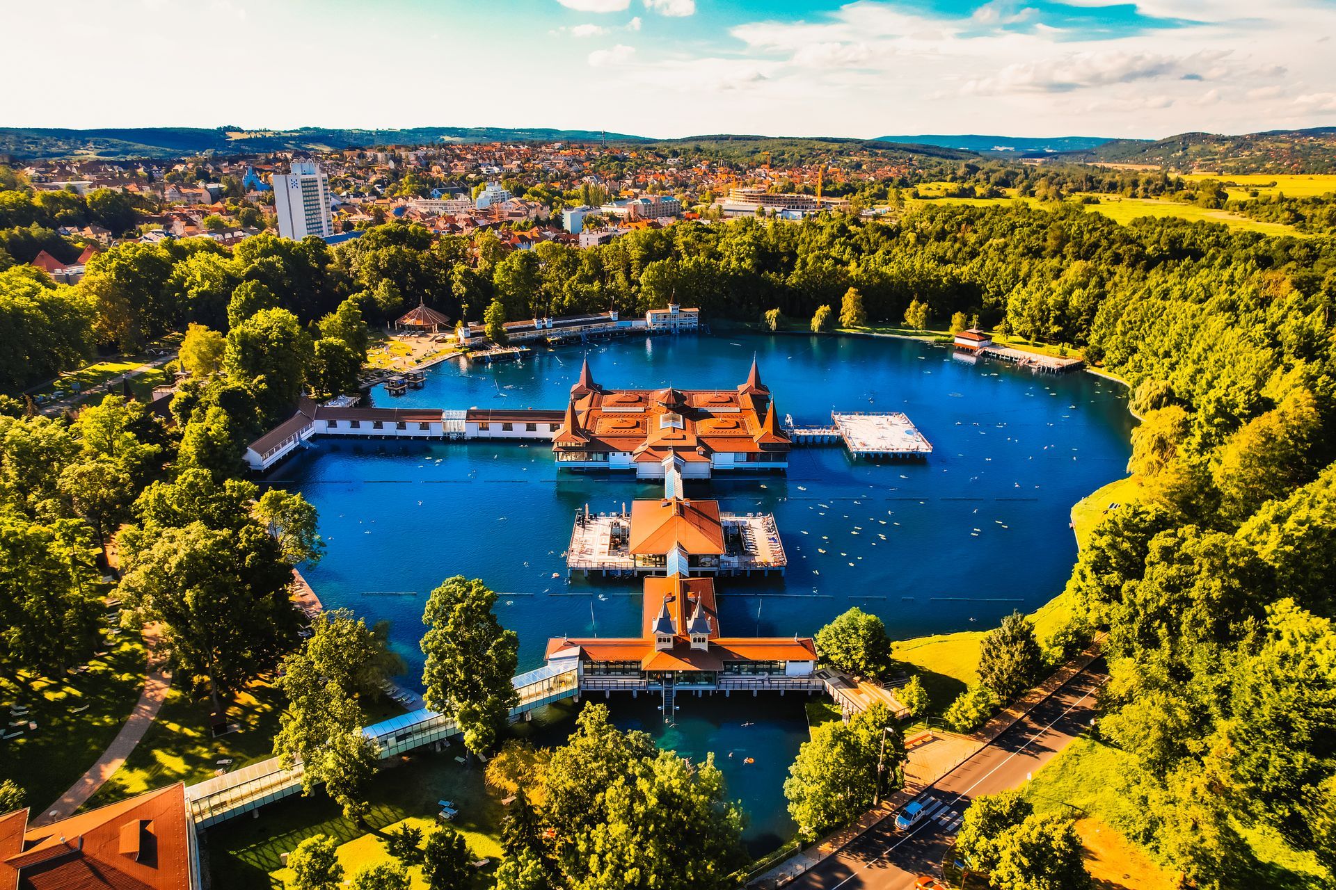 Aerial view of the famous Lake Heviz in Hungary, near the lake Balaton. The largest thermal lake in the world available to bath. Discover the beauties of Hungary.