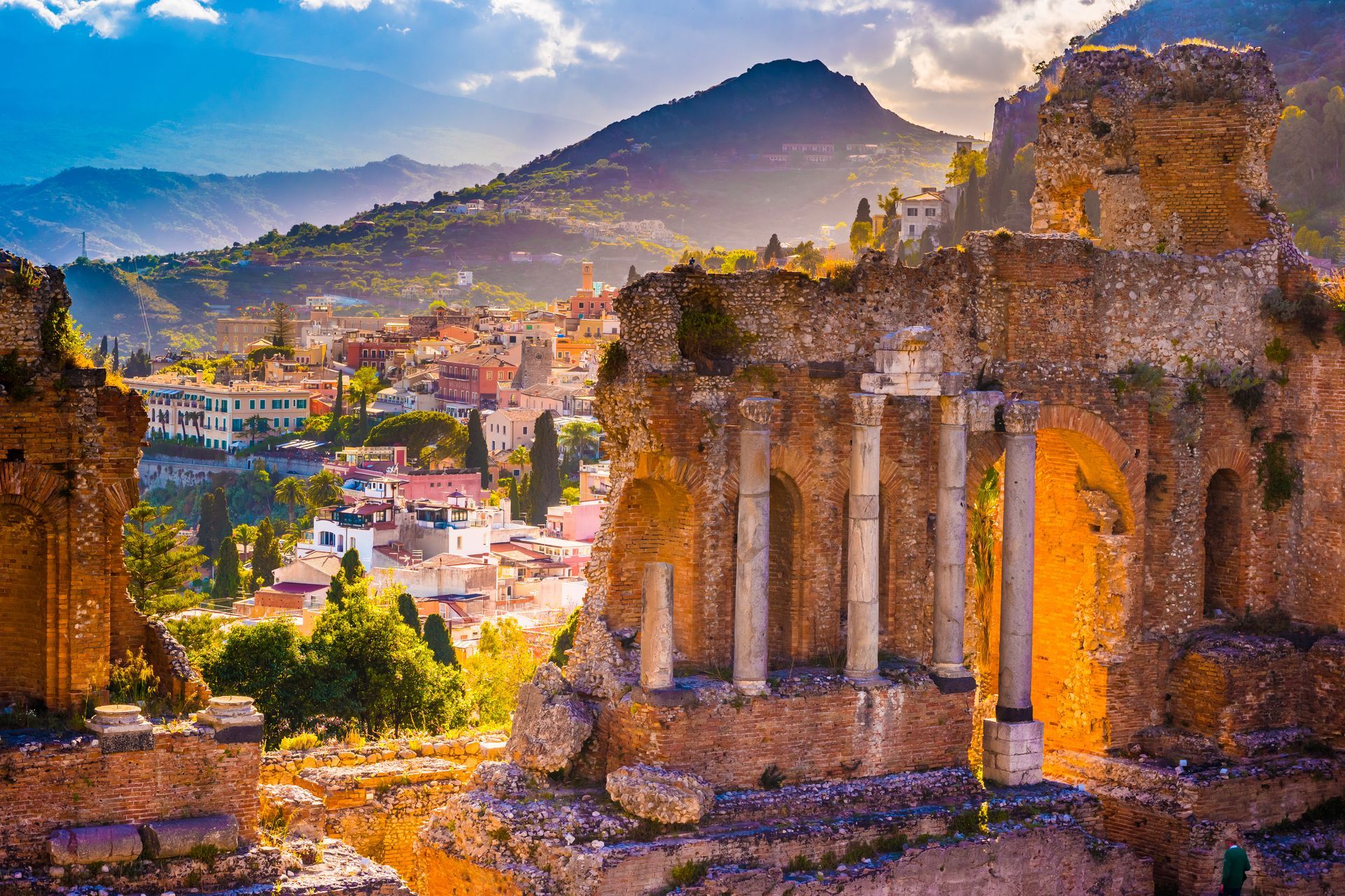 The Ruins of Taormina Theater at Sunset. Beautiful travel photo, colorful image of Sicily.