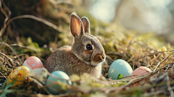 Hase mit Ostereiern in einer wunderschönen Landschaft