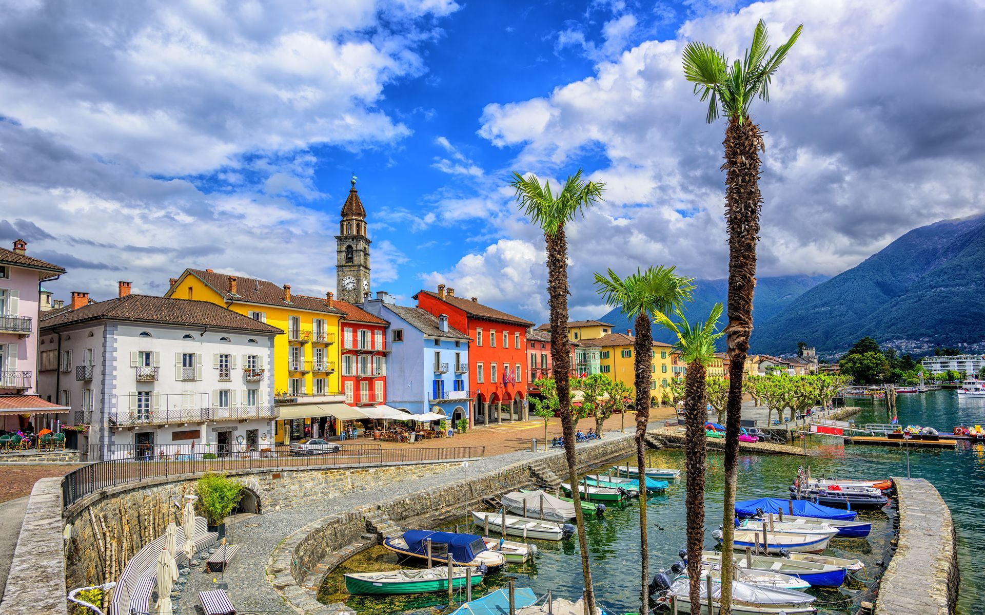 Ascona Old Town, Switzerland, is a popular tourist destination on Lago Maggiore in Alps Mountains
