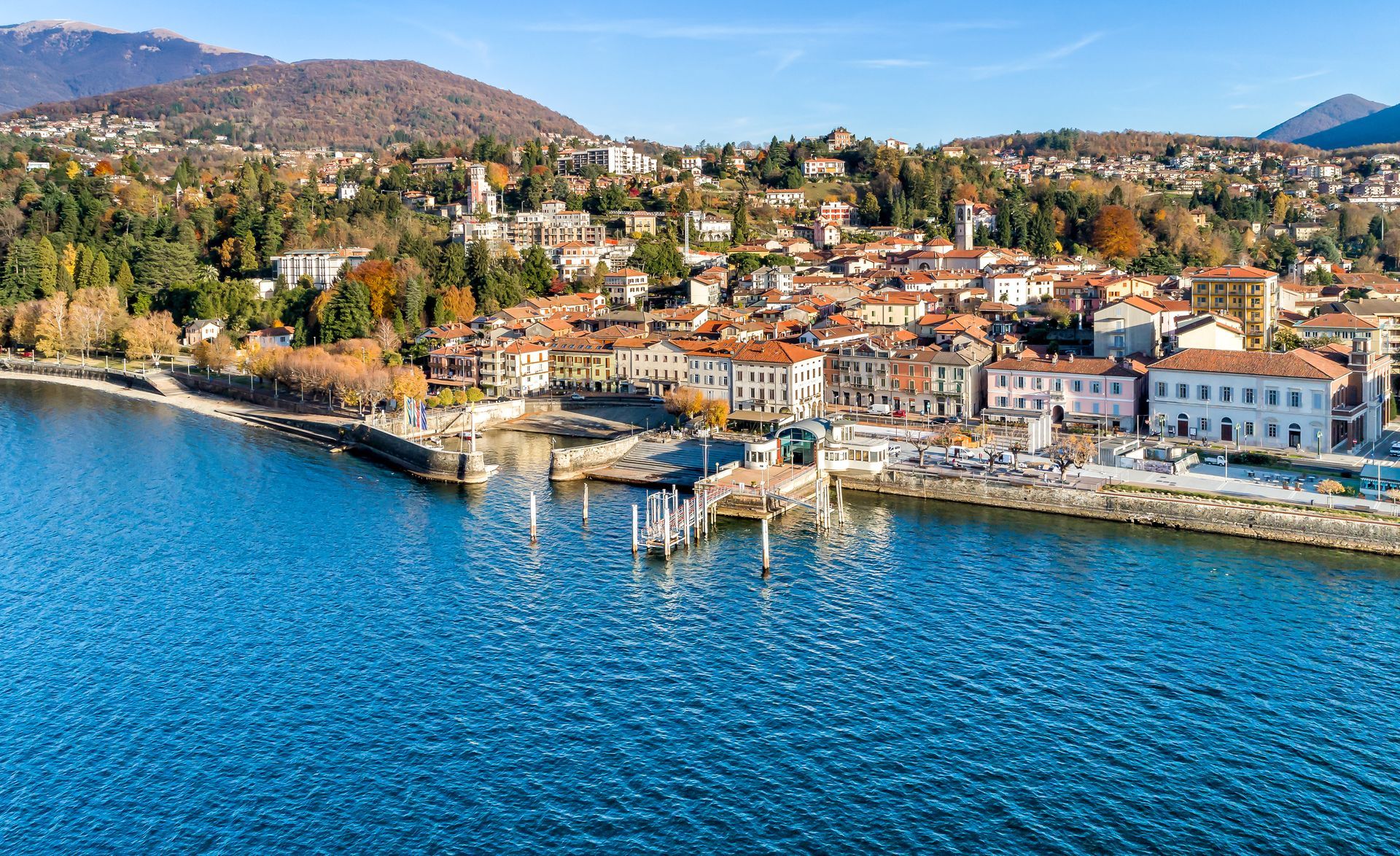 Aerial view of Luino, is a small town on the shore of Lake Maggiore in province of Varese, Italy.