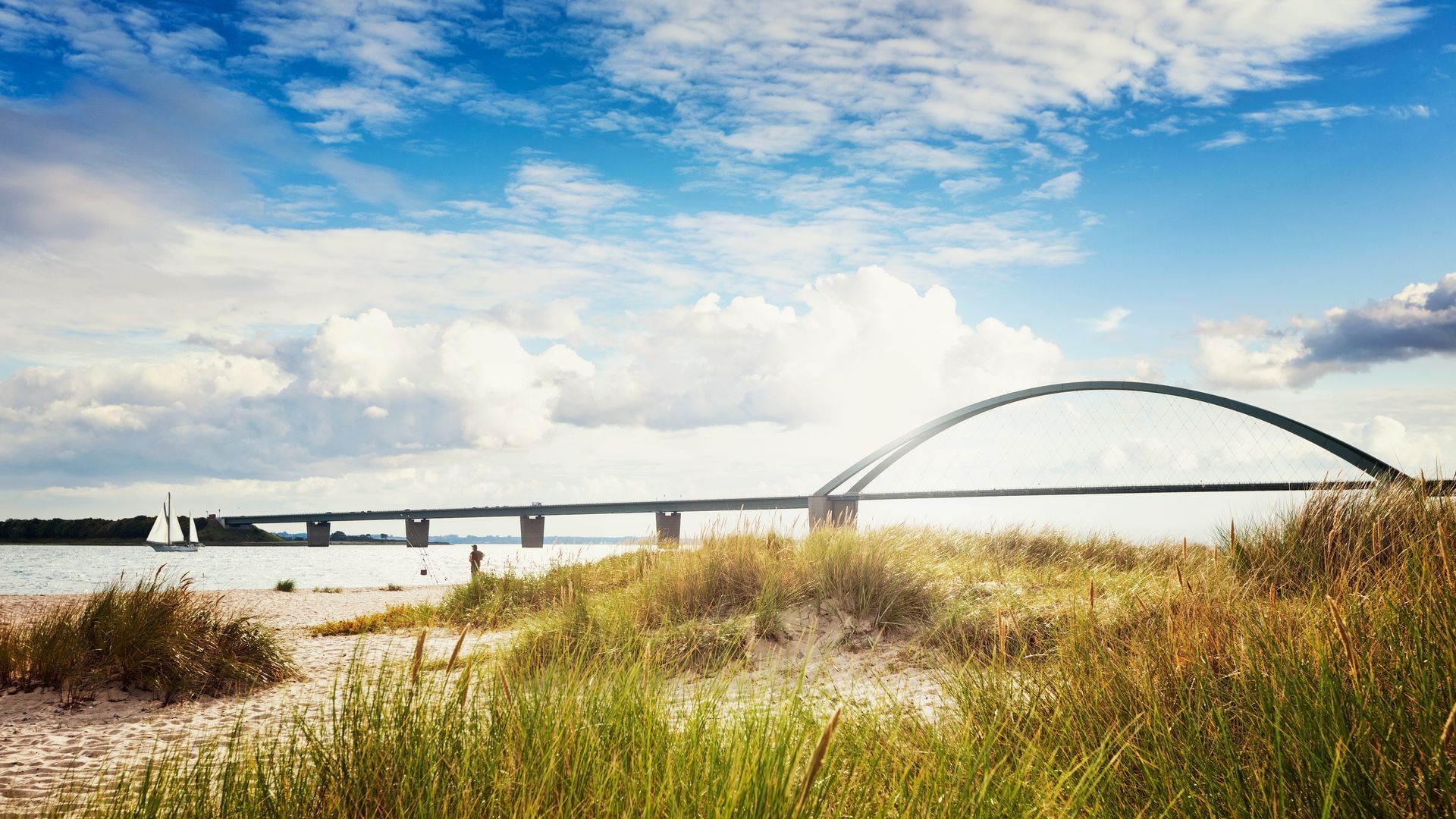 Fehmarn sound bridge. Late summer landscape with beach, dune grass and cloudy sky. Vacation background. Baltic sea coast, Germany, travel destination